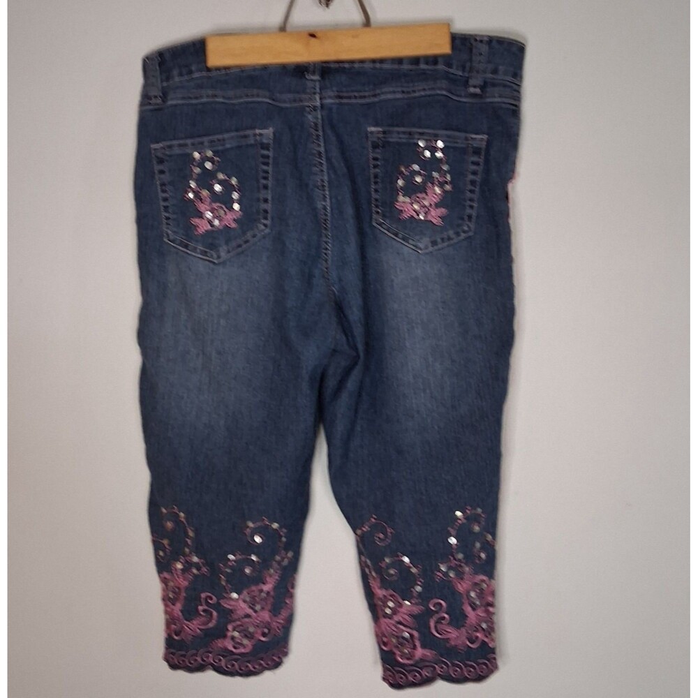 Apollo Petites 8P Embroidered Denim Capris Butterfly Floral Pink Ric Rac Trim Y2 - Picture 3 of 10